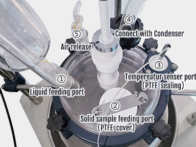 100L Single Layer Glass Reactor detail - A total of 6 ports on the top of the kettle body