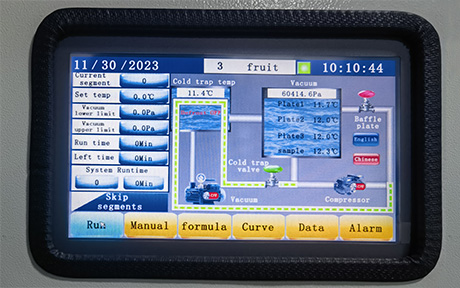 4-6kg Small Food Freeze Dryer detail - LCD touch screen, one button start. PLC system control, can set up programs and save different freeze drying formulas, one touch to run setted program for different samples.